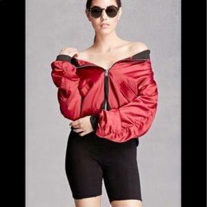 Red off the shoulder bomber jacket